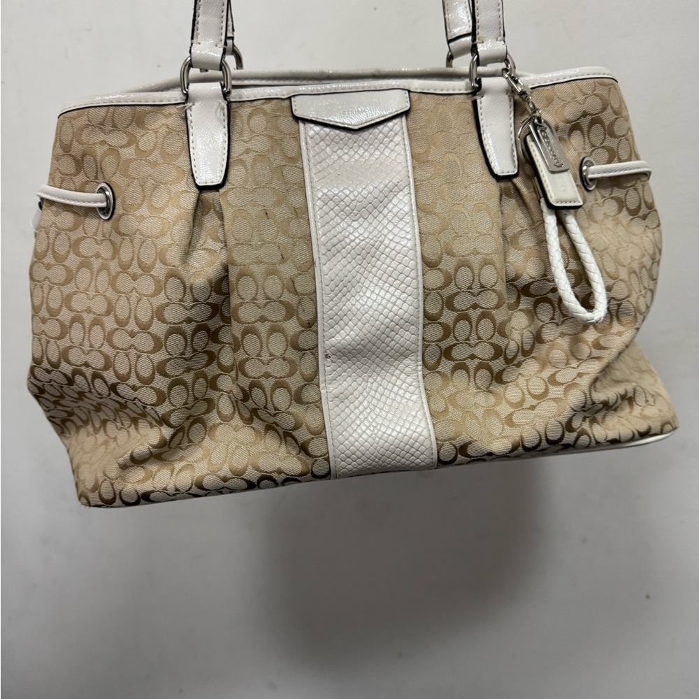 Coach Vintage Mini C’s Tan and White Signature Shoulder Bag with Leather Accents